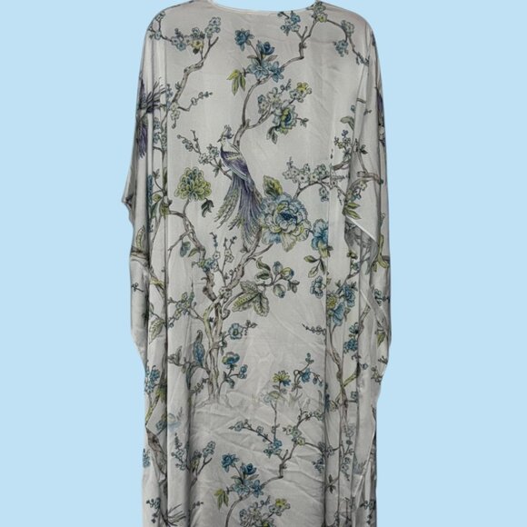 Wrap Up by VP / Bird Floral Long Caftan White/Blue/Lilac Size L/XL - Picture 3 of 7